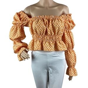 H&M Divided Floral Off-Shoulder Crop Top Puff Sleeve Ruffle Hem Blouse M